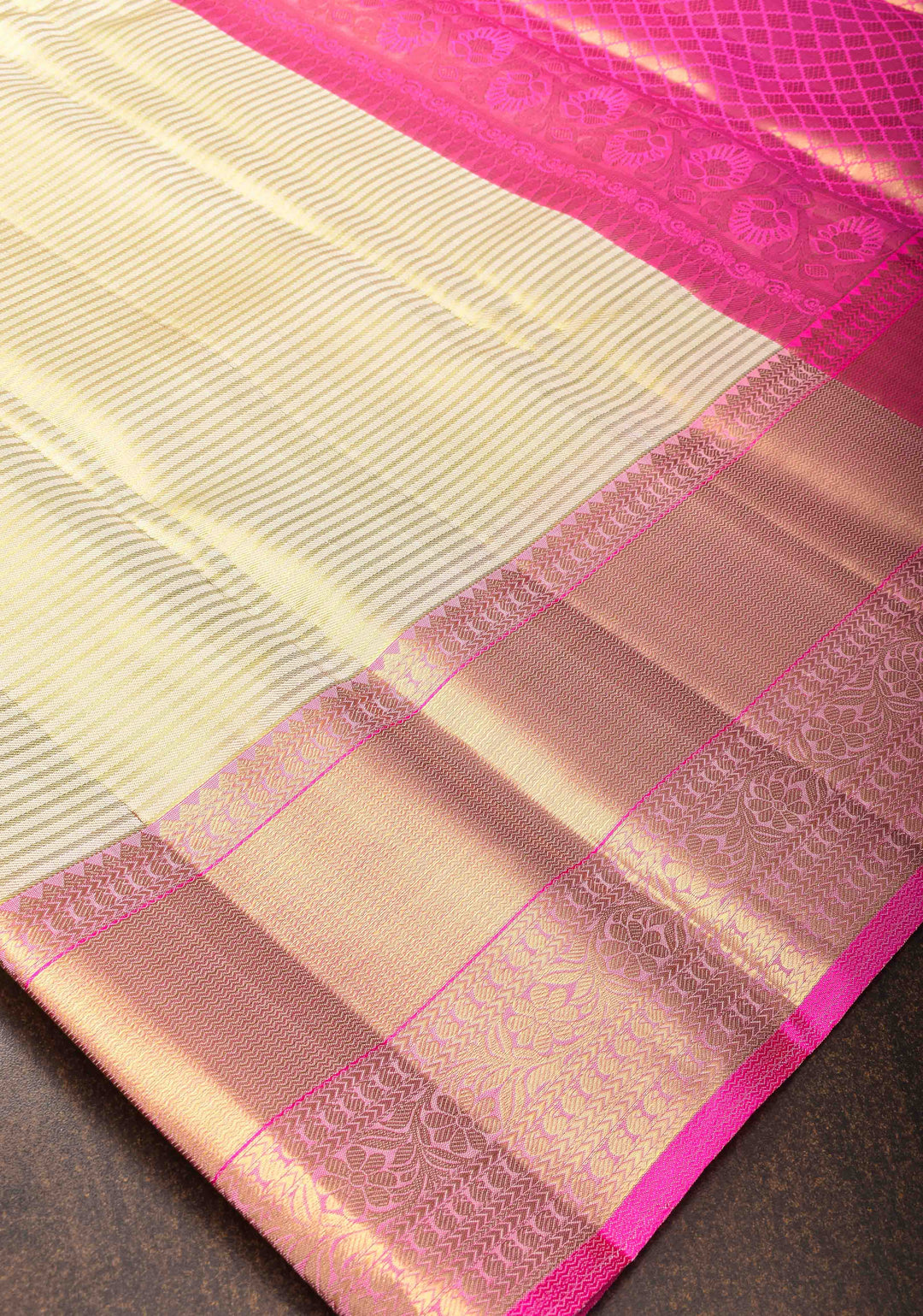 Cream Horizontal Zari Stripes Kanjivaram Silk Saree with Pink Contrast Zari Border | SILK MARK CERTIFIED