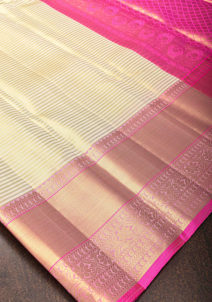 Cream Horizontal Zari Stripes Kanjivaram Silk Saree with Pink Contrast Zari Border | SILK MARK CERTIFIED