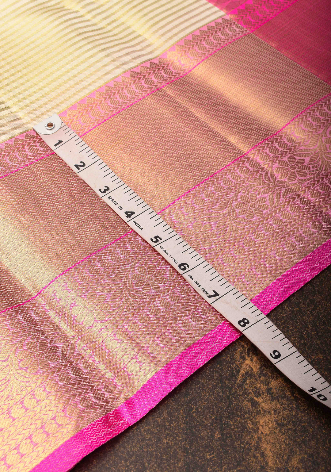 Cream Horizontal Zari Stripes Kanjivaram Silk Saree with Pink Contrast Zari Border | SILK MARK CERTIFIED