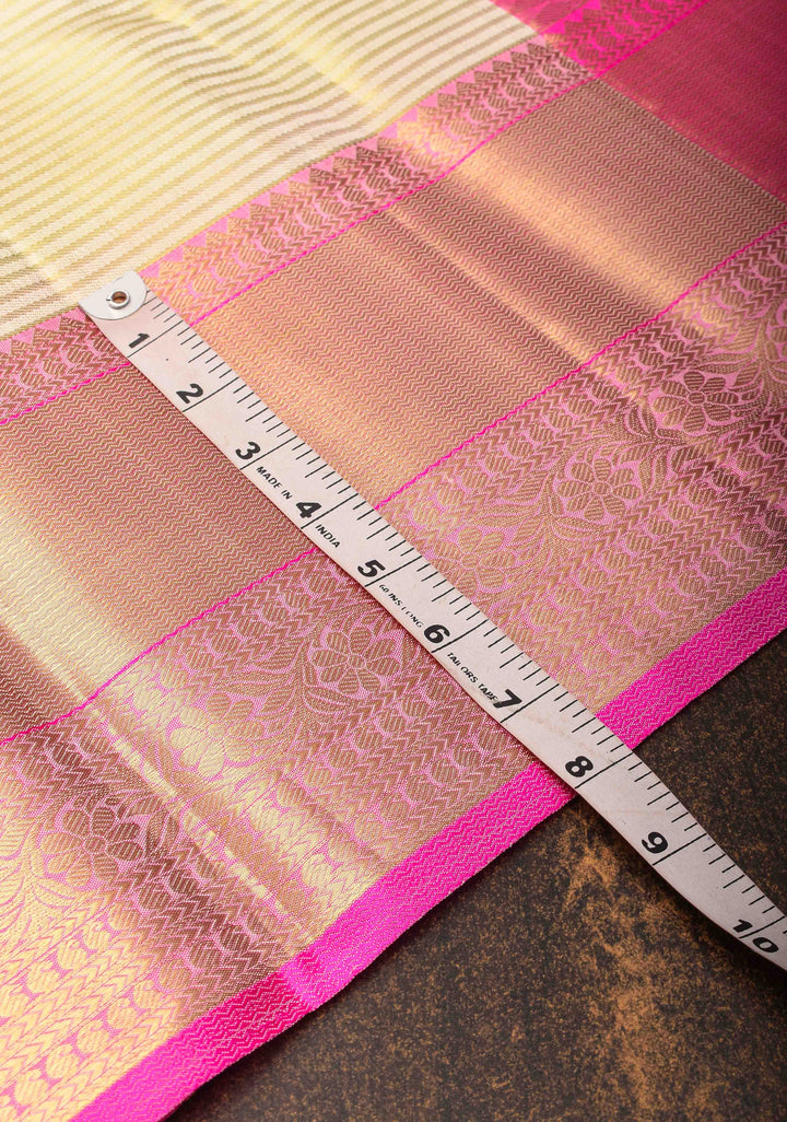 Cream Horizontal Zari Stripes Kanjivaram Silk Saree with Pink Contrast Zari Border | SILK MARK CERTIFIED