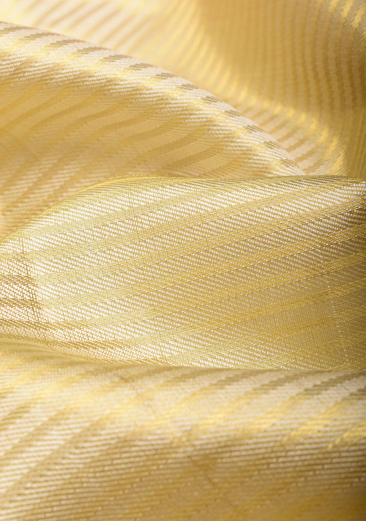 Cream Horizontal Zari Stripes Kanjivaram Silk Saree with Pink Contrast Zari Border | SILK MARK CERTIFIED