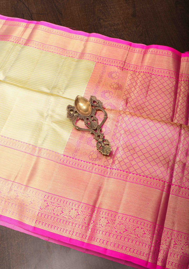 Cream Horizontal Zari Stripes Kanjivaram Silk Saree with Pink Contrast Zari Border | SILK MARK CERTIFIED