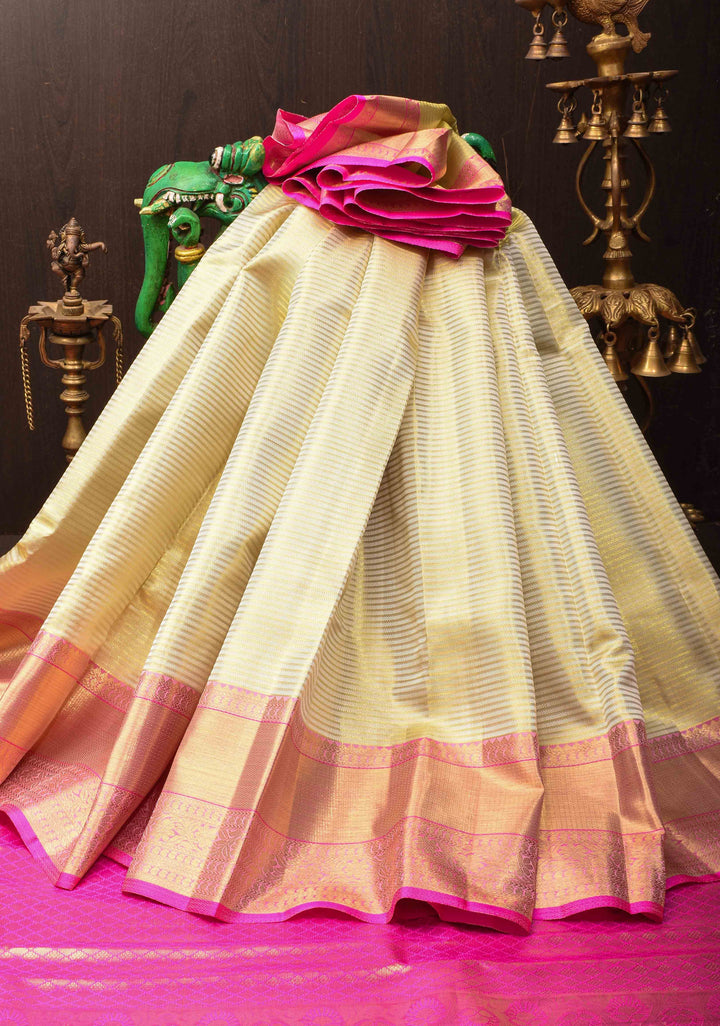 Cream Horizontal Zari Stripes Kanjivaram Silk Saree with Pink Contrast Zari Border | SILK MARK CERTIFIED