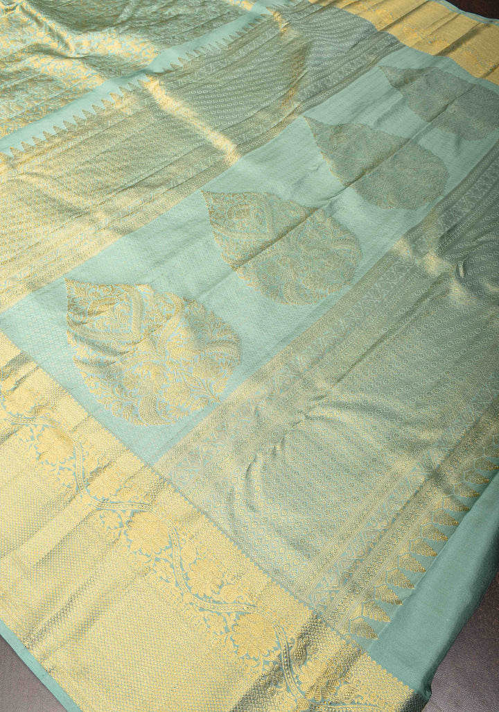 Aqua Green Kanjivaram Silk Saree with Vanasingaram Brocade and Zari Boder | SILK MARK CERTIFIED