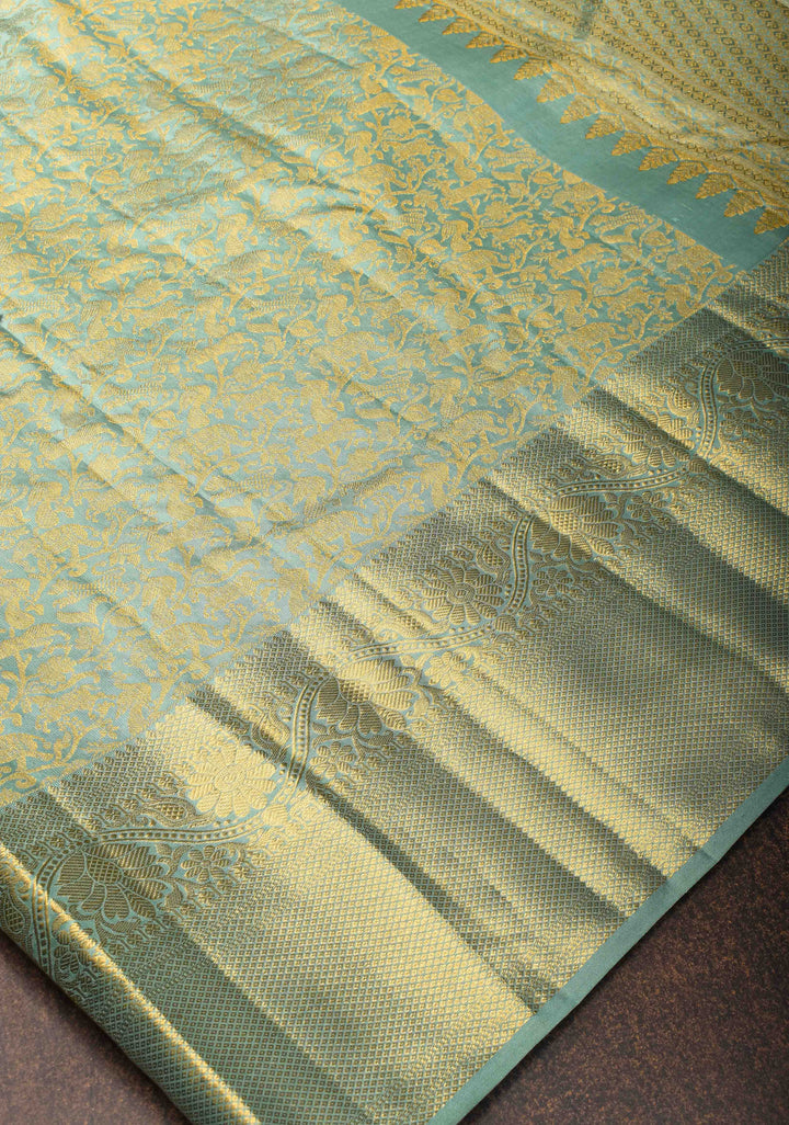 Aqua Green Kanjivaram Silk Saree with Vanasingaram Brocade and Zari Boder | SILK MARK CERTIFIED