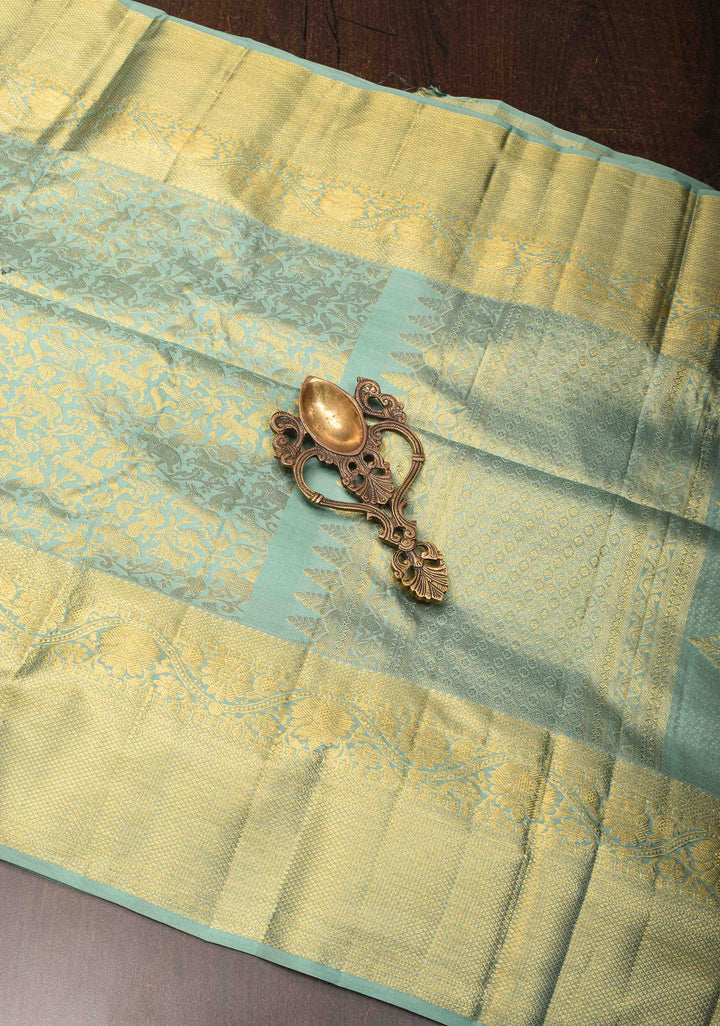 Aqua Green Kanjivaram Silk Saree with Vanasingaram Brocade and Zari Boder | SILK MARK CERTIFIED