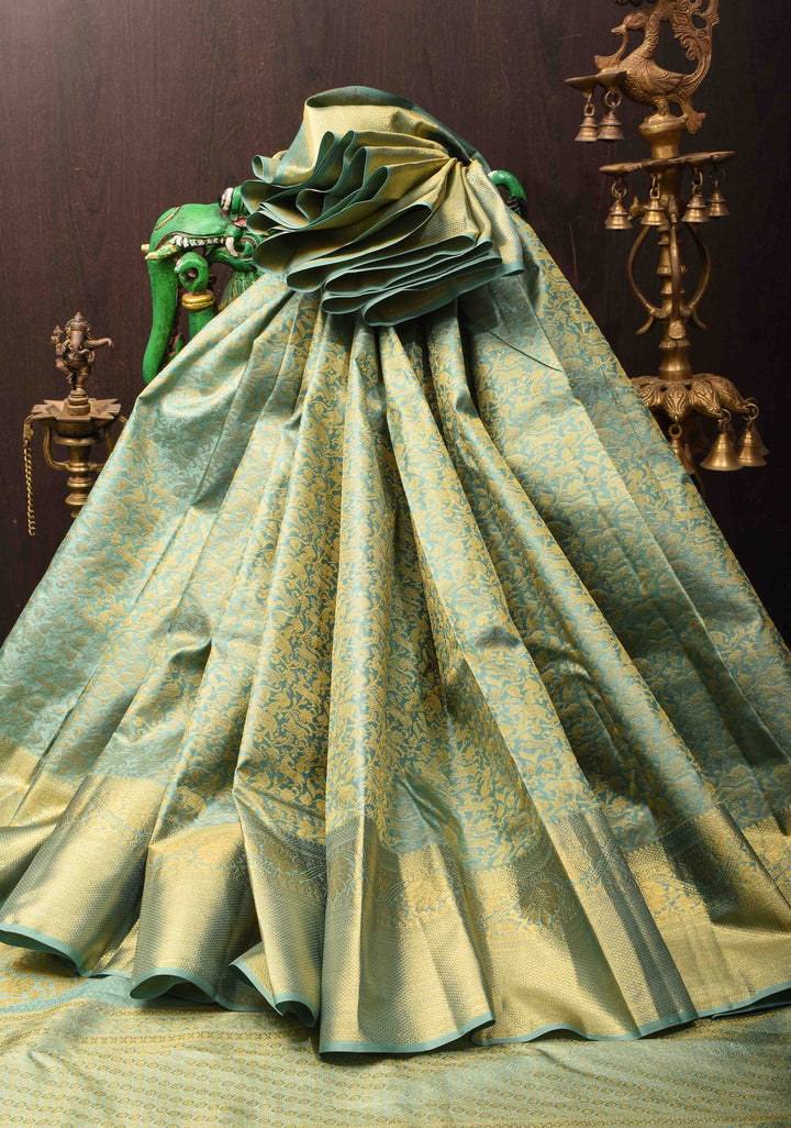 Aqua Green Kanjivaram Silk Saree with Vanasingaram Brocade and Zari Boder | SILK MARK CERTIFIED
