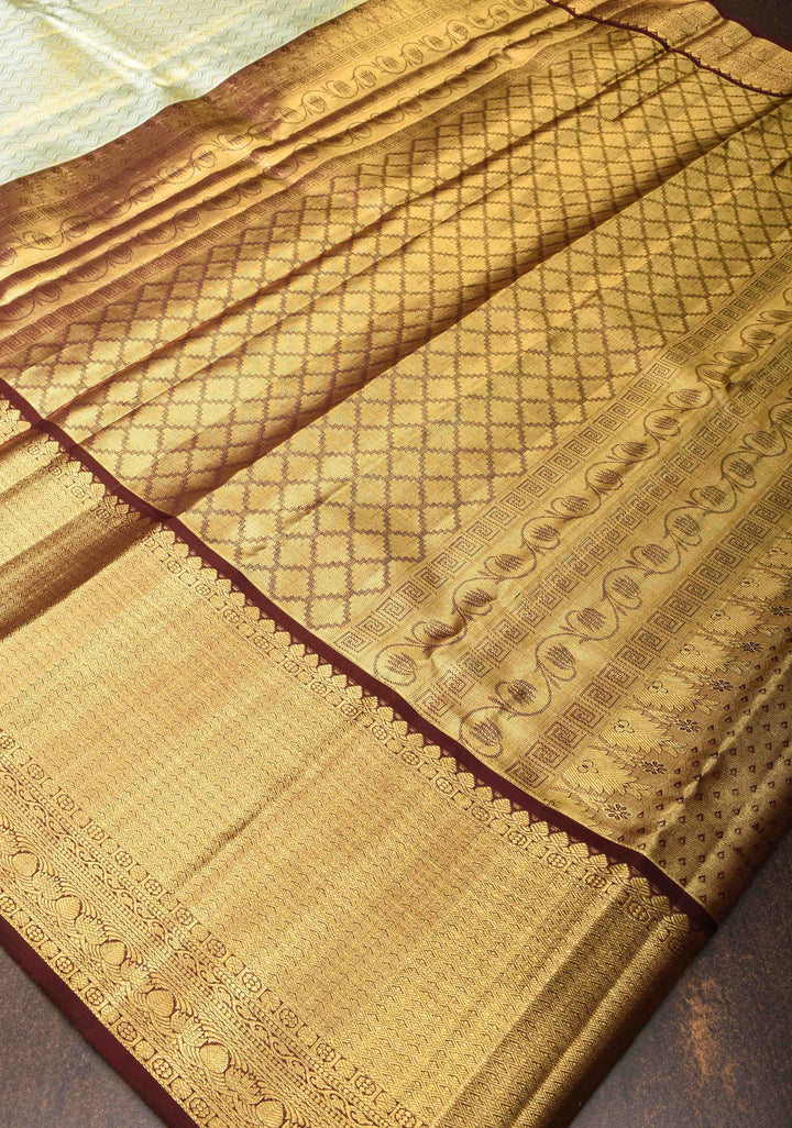 Mint Green Kanjivaram Silk Saree with Zari Chevron Pattern and Contrast Border | SILK MARK CERTIFIED