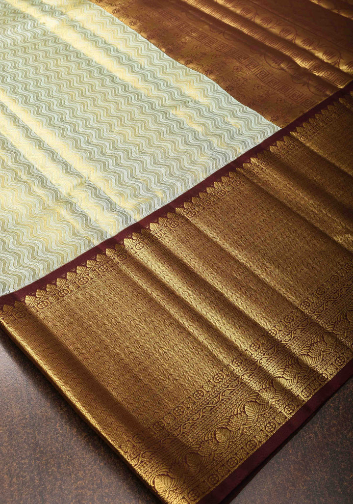 Mint Green Kanjivaram Silk Saree with Zari Chevron Pattern and Contrast Border | SILK MARK CERTIFIED