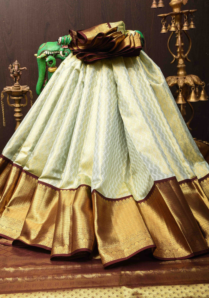Mint Green Kanjivaram Silk Saree with Zari Chevron Pattern and Contrast Border | SILK MARK CERTIFIED