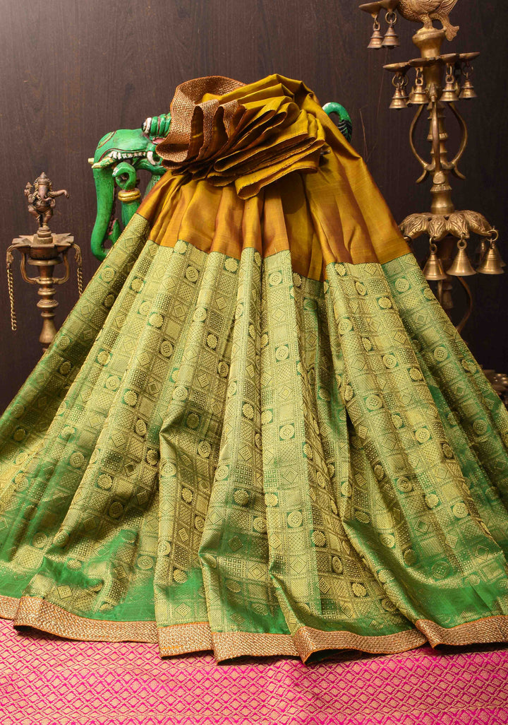 Mustard Orange and Green Stunning Half Border Kanjivaram Pure Silk saree with Pink Pallu Lace Border | SILK MARK CERTIFIED
