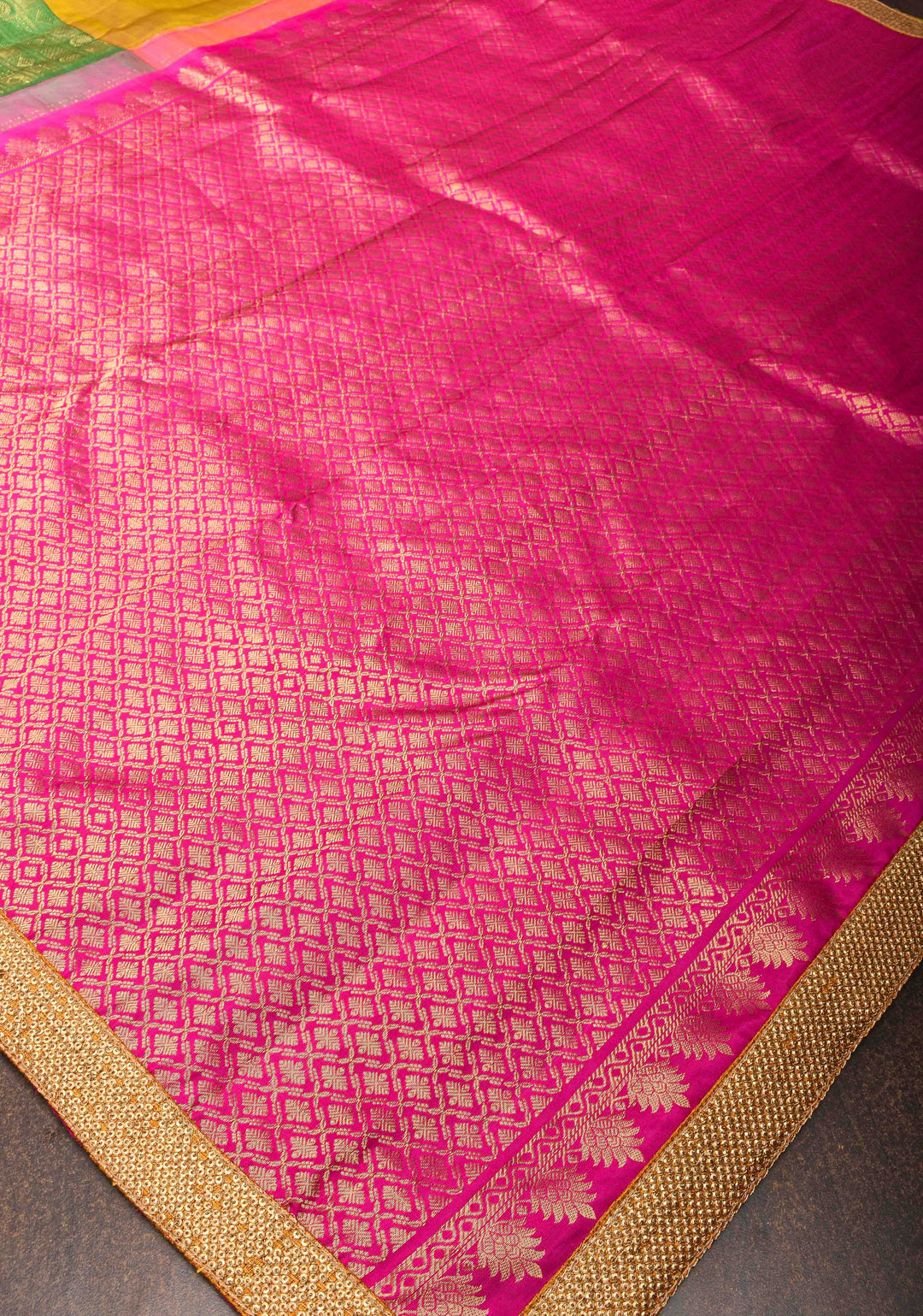 Mustard Orange and Green Stunning Half Border Kanjivaram Pure Silk saree with Pink Pallu Lace Border | SILK MARK CERTIFIED