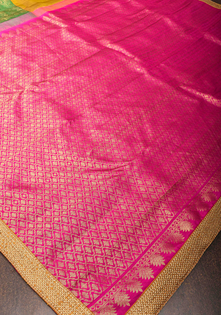 Mustard Orange and Green Stunning Half Border Kanjivaram Pure Silk saree with Pink Pallu Lace Border | SILK MARK CERTIFIED