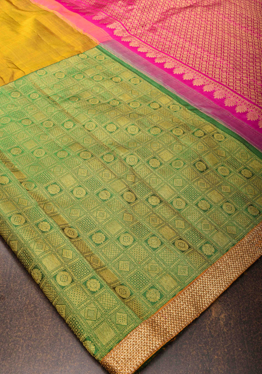 Mustard Orange and Green Stunning Half Border Kanjivaram Pure Silk saree with Pink Pallu Lace Border | SILK MARK CERTIFIED