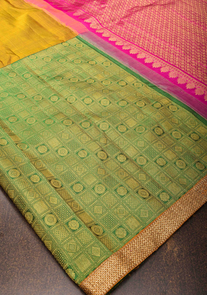 Mustard Orange and Green Stunning Half Border Kanjivaram Pure Silk saree with Pink Pallu Lace Border | SILK MARK CERTIFIED