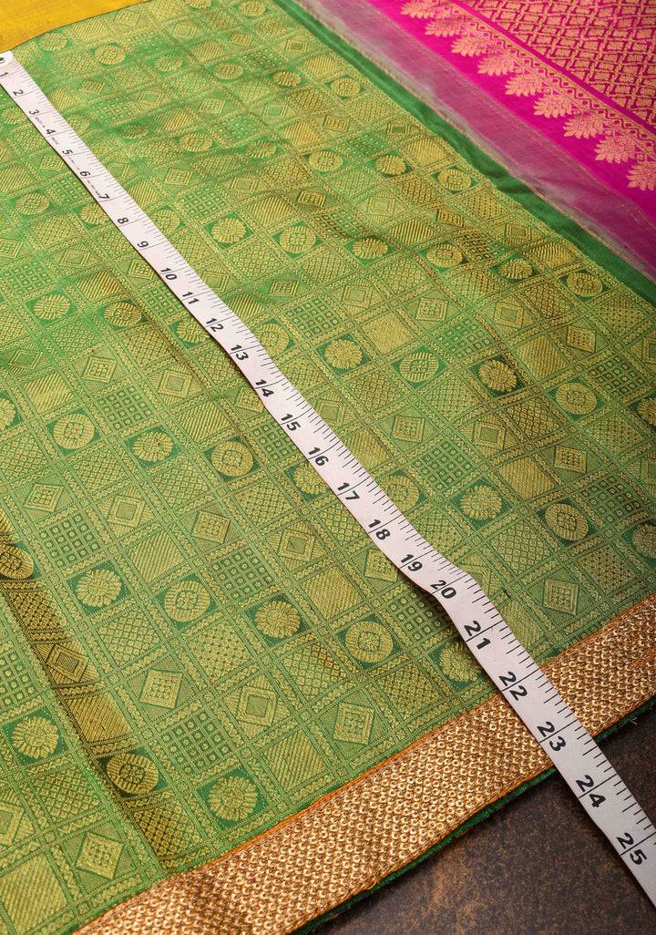Mustard Orange and Green Stunning Half Border Kanjivaram Pure Silk saree with Pink Pallu Lace Border | SILK MARK CERTIFIED