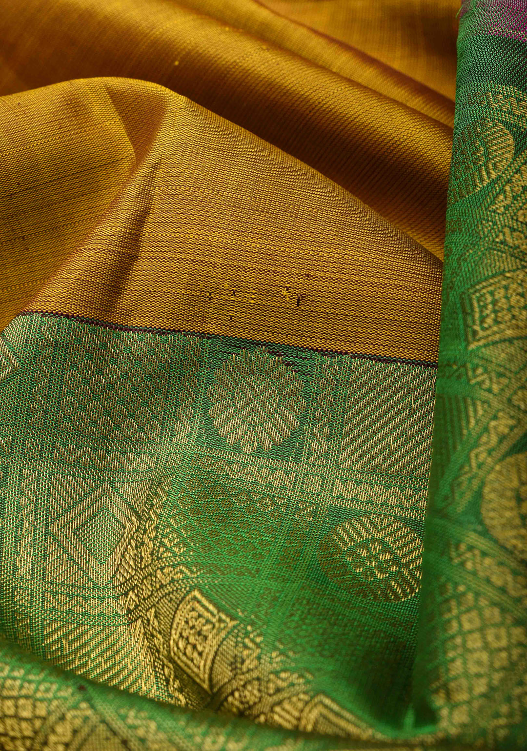 Mustard Orange and Green Stunning Half Border Kanjivaram Pure Silk saree with Pink Pallu Lace Border | SILK MARK CERTIFIED