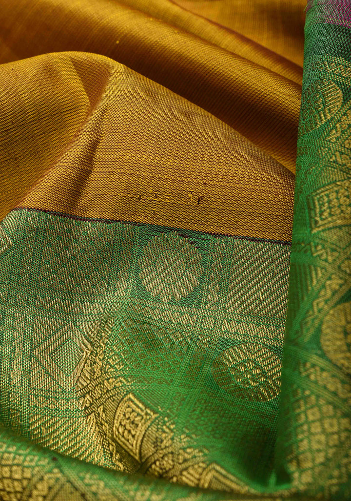 Mustard Orange and Green Stunning Half Border Kanjivaram Pure Silk saree with Pink Pallu Lace Border | SILK MARK CERTIFIED