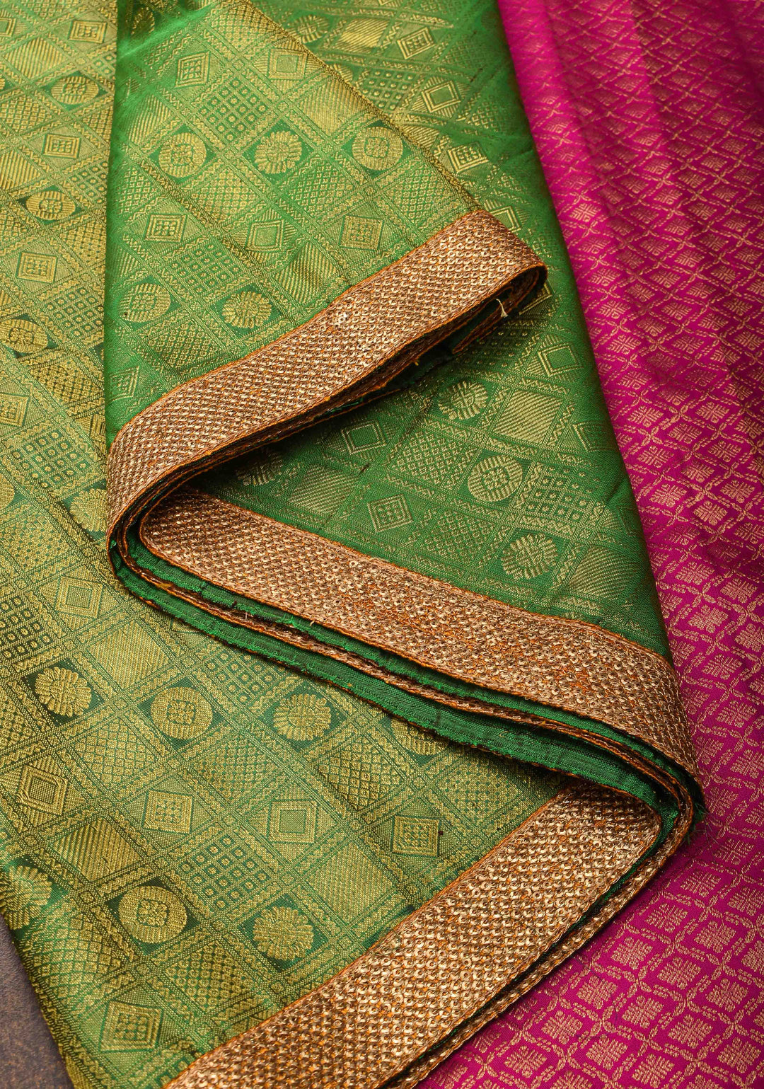 Mustard Orange and Green Stunning Half Border Kanjivaram Pure Silk saree with Pink Pallu Lace Border | SILK MARK CERTIFIED