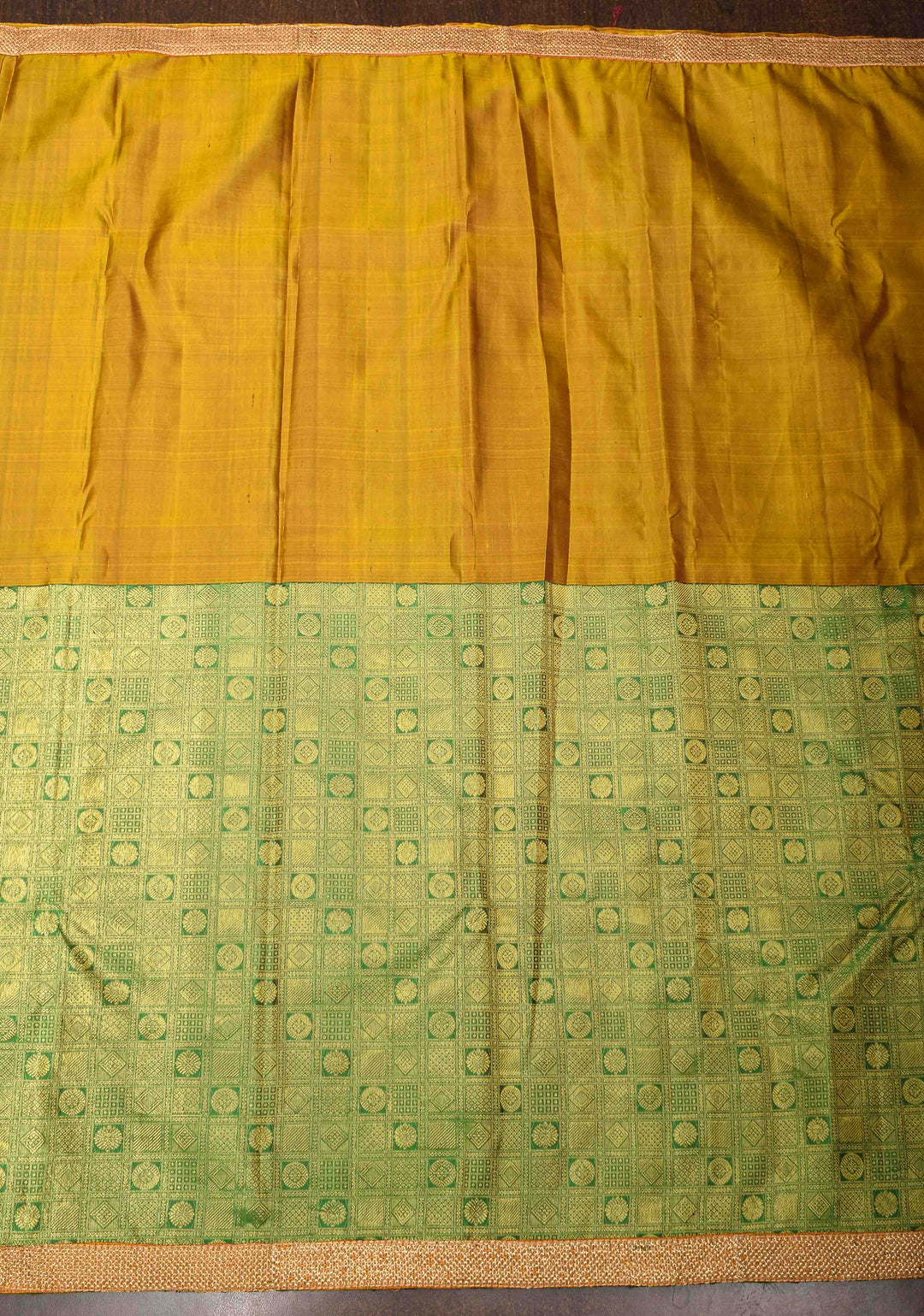 Mustard Orange and Green Stunning Half Border Kanjivaram Pure Silk saree with Pink Pallu Lace Border | SILK MARK CERTIFIED