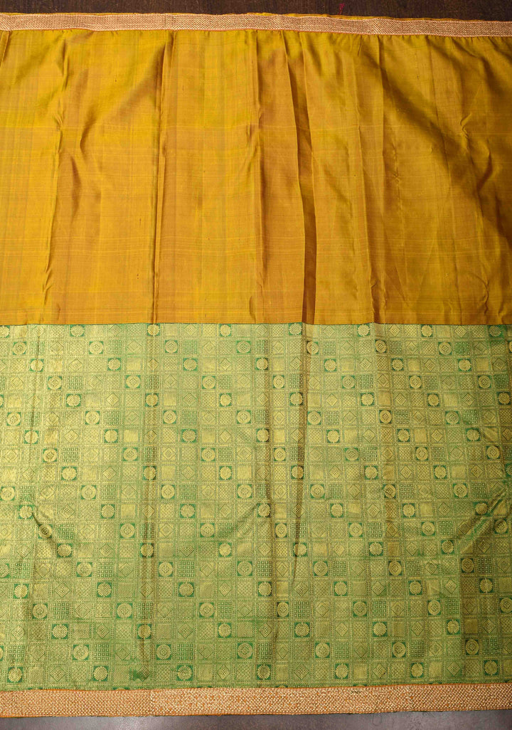 Mustard Orange and Green Stunning Half Border Kanjivaram Pure Silk saree with Pink Pallu Lace Border | SILK MARK CERTIFIED