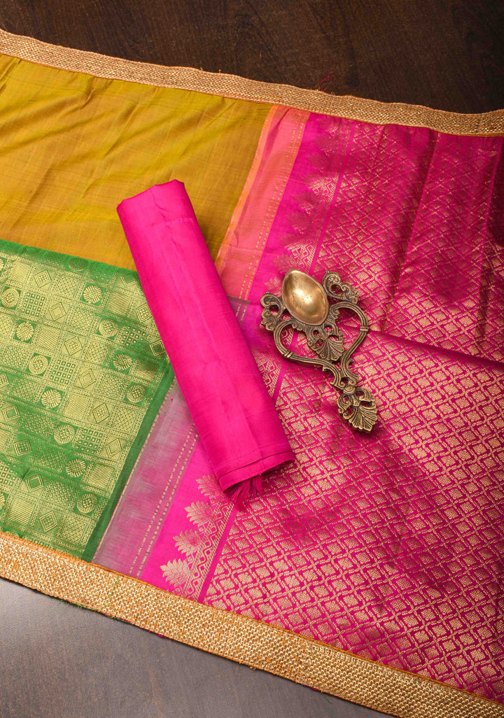 Mustard Orange and Green Stunning Half Border Kanjivaram Pure Silk saree with Pink Pallu Lace Border | SILK MARK CERTIFIED