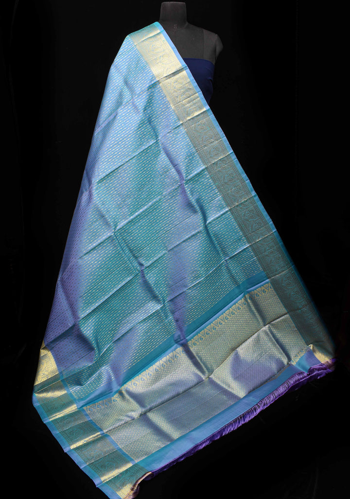 DUPATTA: Pure Kanjeevaram Zari stripes in Dusty Blue and Grand borders | SILK MARK CERTIFIED