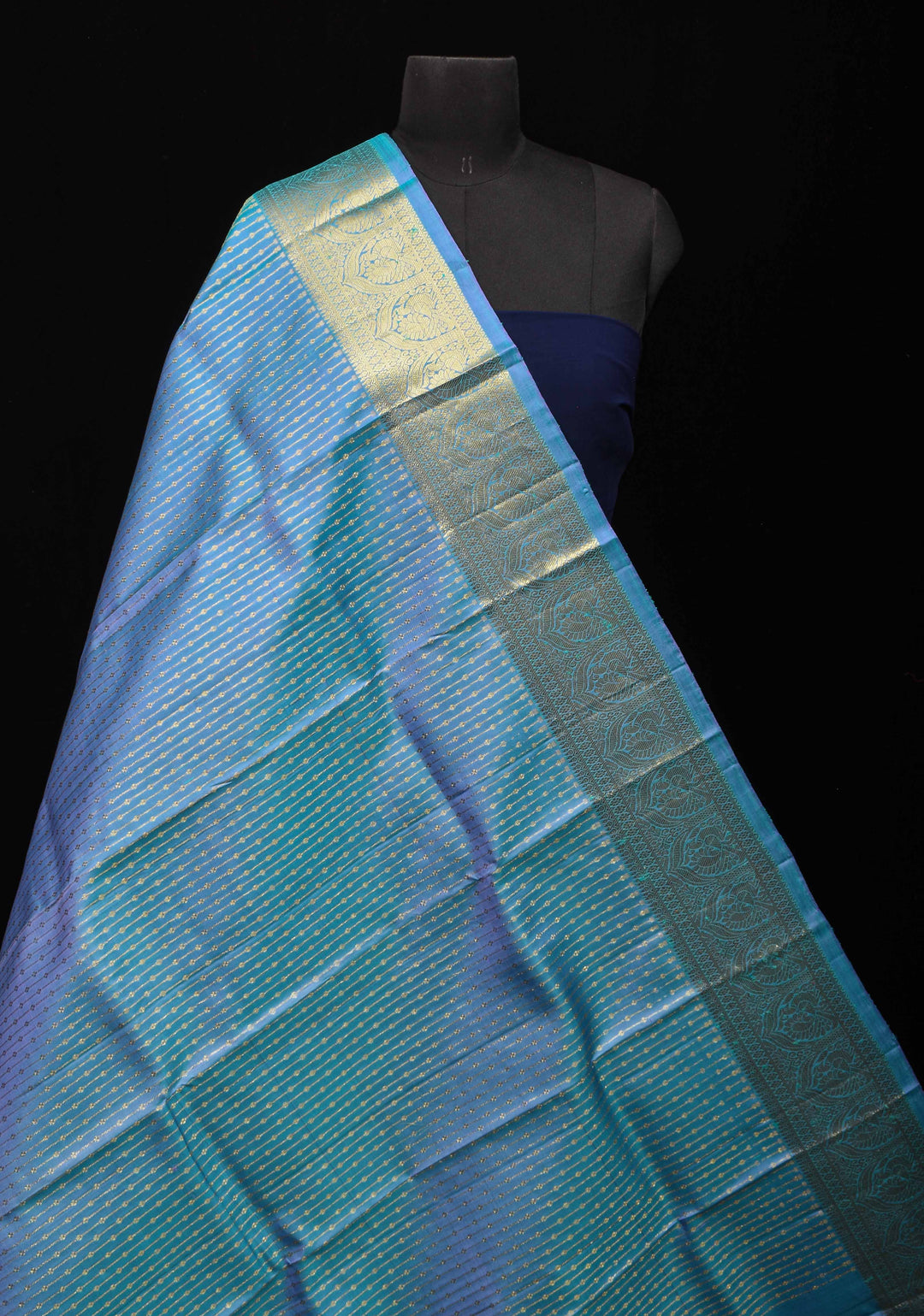 DUPATTA: Pure Kanjeevaram Zari stripes in Dusty Blue and Grand borders | SILK MARK CERTIFIED