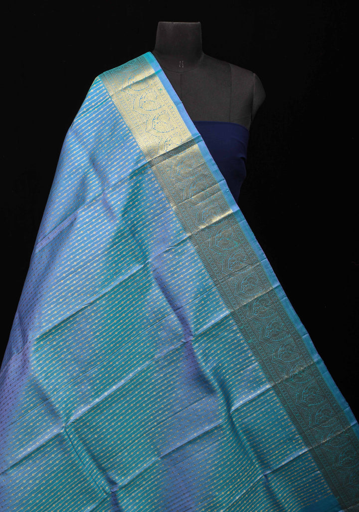 DUPATTA: Pure Kanjeevaram Zari stripes in Dusty Blue and Grand borders | SILK MARK CERTIFIED