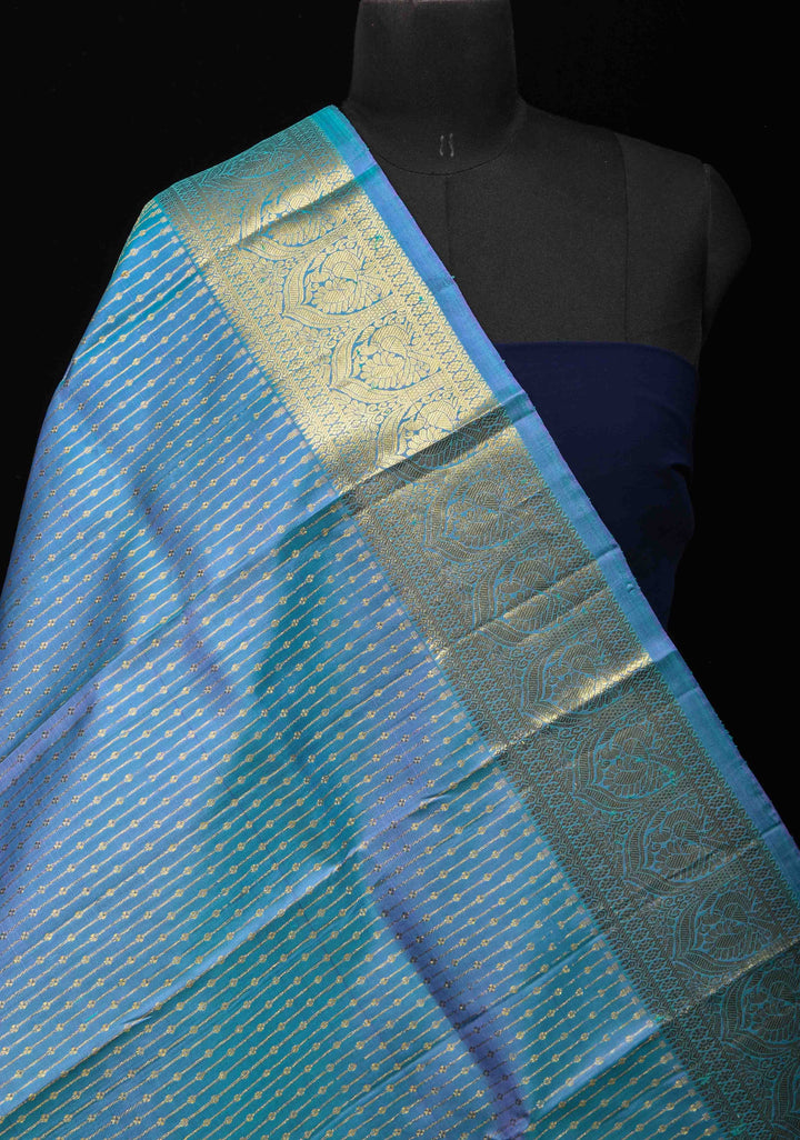 DUPATTA: Pure Kanjeevaram Zari stripes in Dusty Blue and Grand borders | SILK MARK CERTIFIED