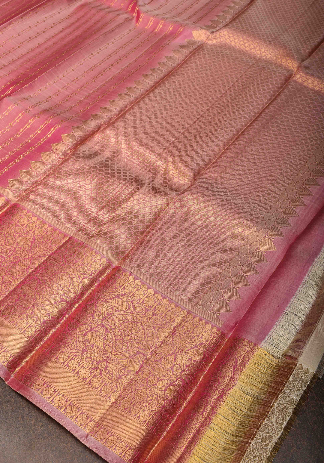 DUPATTA: Pure Kanjeevaram Zari stripes in Peach and Grand borders | SILK MARK CERTIFIED