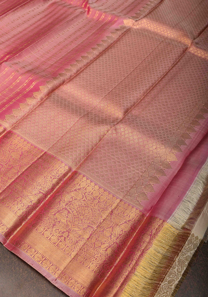 DUPATTA: Pure Kanjeevaram Zari stripes in Peach and Grand borders | SILK MARK CERTIFIED