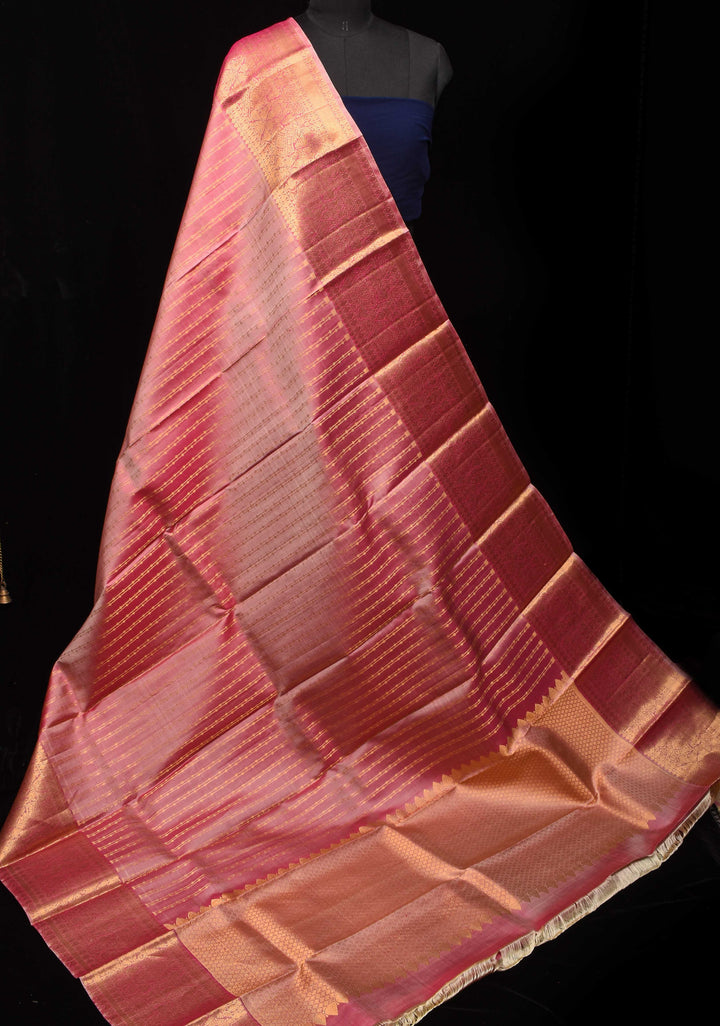 DUPATTA: Pure Kanjeevaram Zari stripes in Peach and Grand borders | SILK MARK CERTIFIED