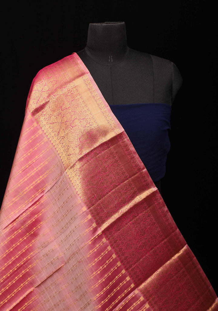DUPATTA: Pure Kanjeevaram Zari stripes in Peach and Grand borders | SILK MARK CERTIFIED
