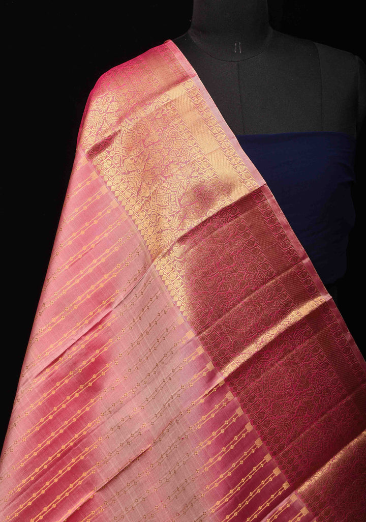 DUPATTA: Pure Kanjeevaram Zari stripes in Peach and Grand borders | SILK MARK CERTIFIED
