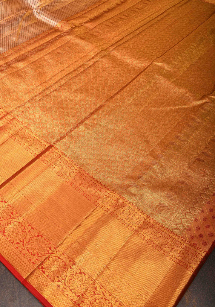 Elegant Golden Tissue Brocade Kanjivaram Silk Saree with Contrast Zari Border | SILK MARK CERTIFIED