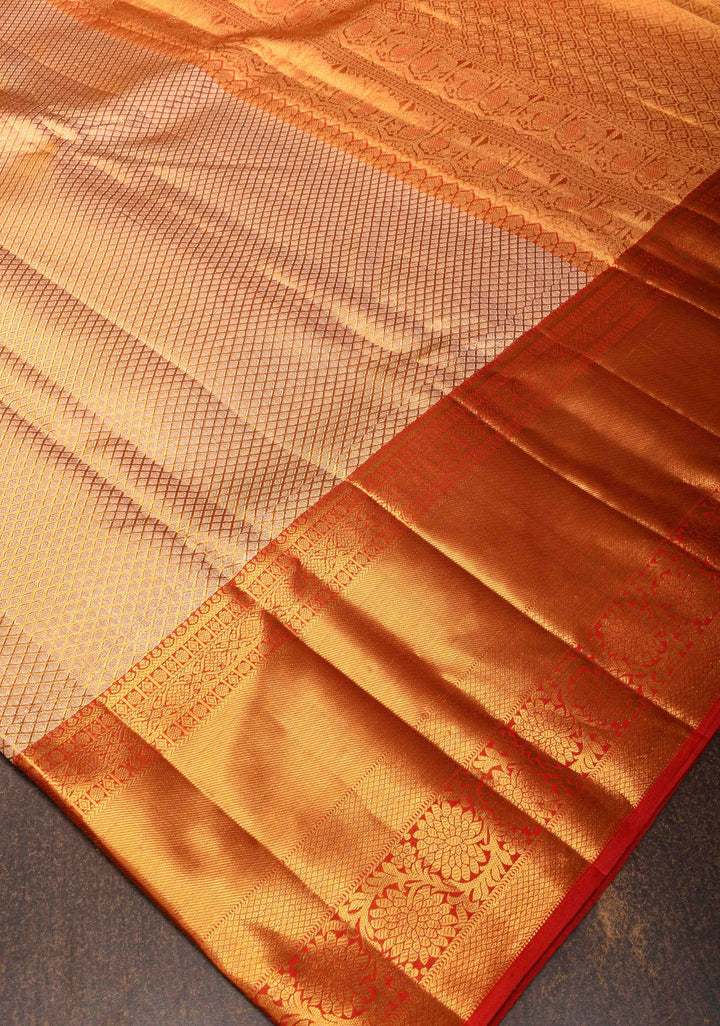 Elegant Golden Tissue Brocade Kanjivaram Silk Saree with Contrast Zari Border | SILK MARK CERTIFIED