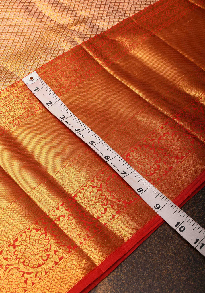 Elegant Golden Tissue Brocade Kanjivaram Silk Saree with Contrast Zari Border | SILK MARK CERTIFIED