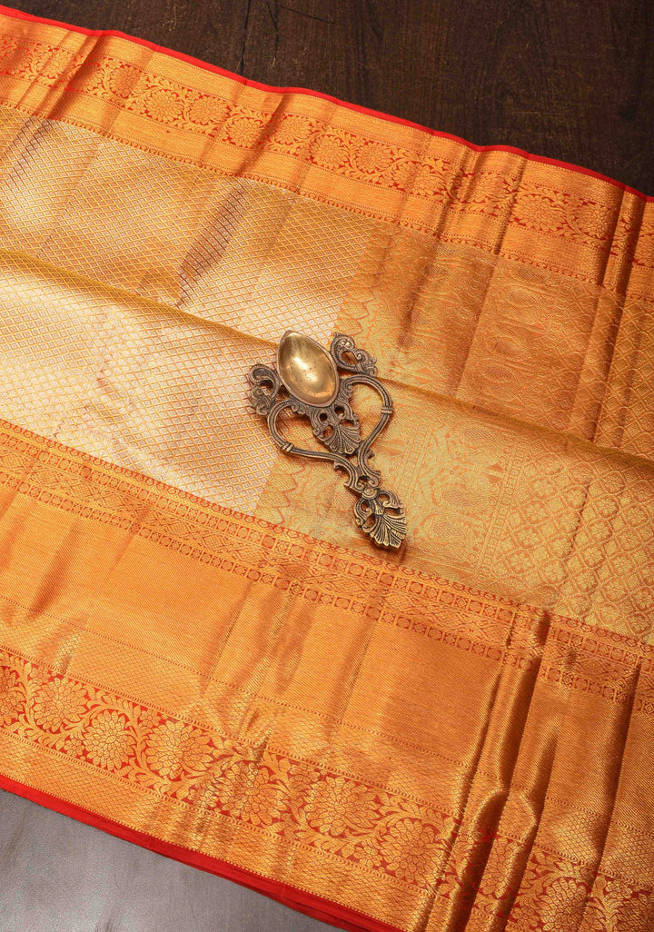 Elegant Golden Tissue Brocade Kanjivaram Silk Saree with Contrast Zari Border | SILK MARK CERTIFIED