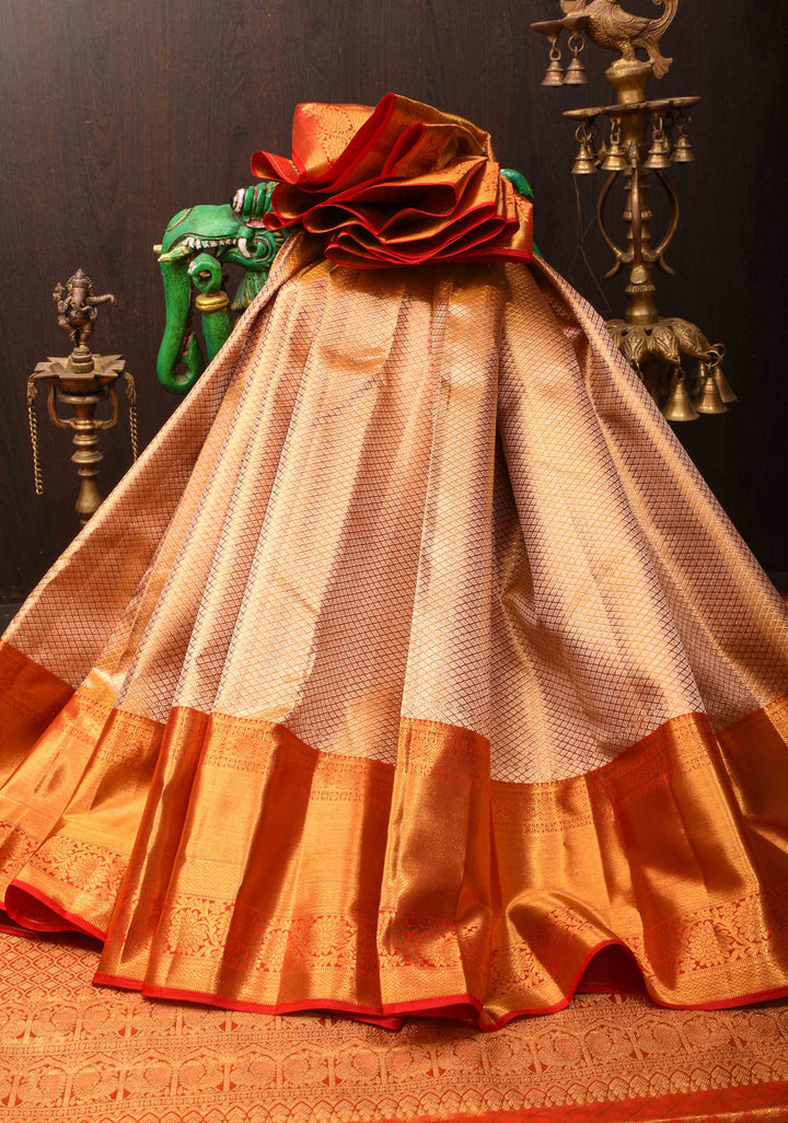 Elegant Golden Tissue Brocade Kanjivaram Silk Saree with Contrast Zari Border | SILK MARK CERTIFIED
