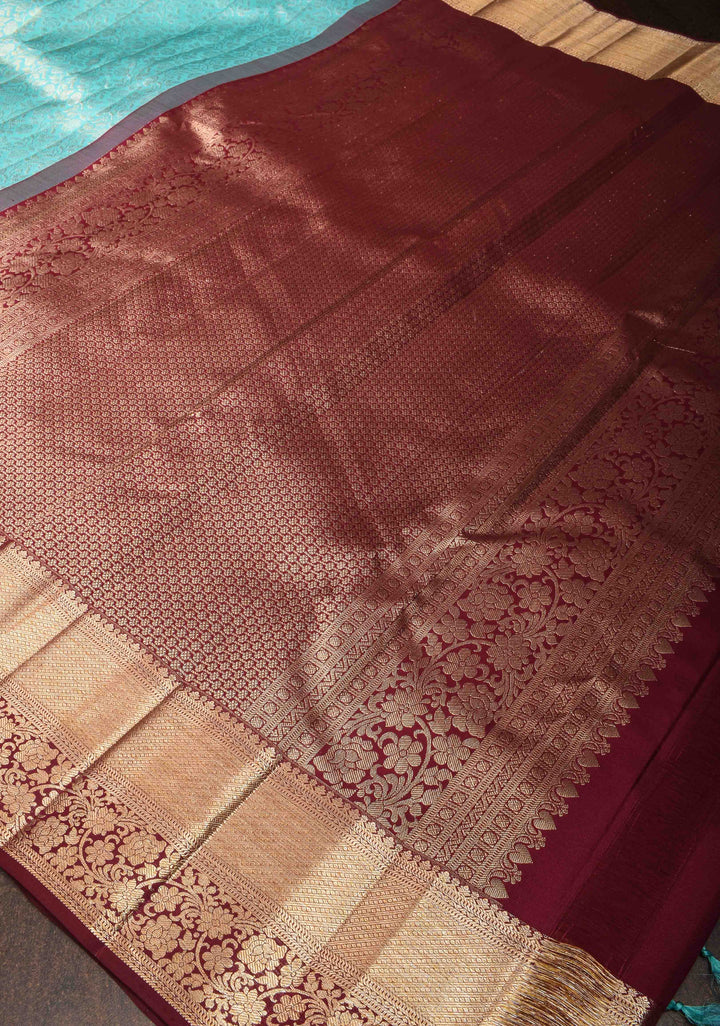 Aqua Blue Kanjivaram Silk Saree with Floral Brocade and Contrast Zari Boder | SILK MARK CERTIFIED