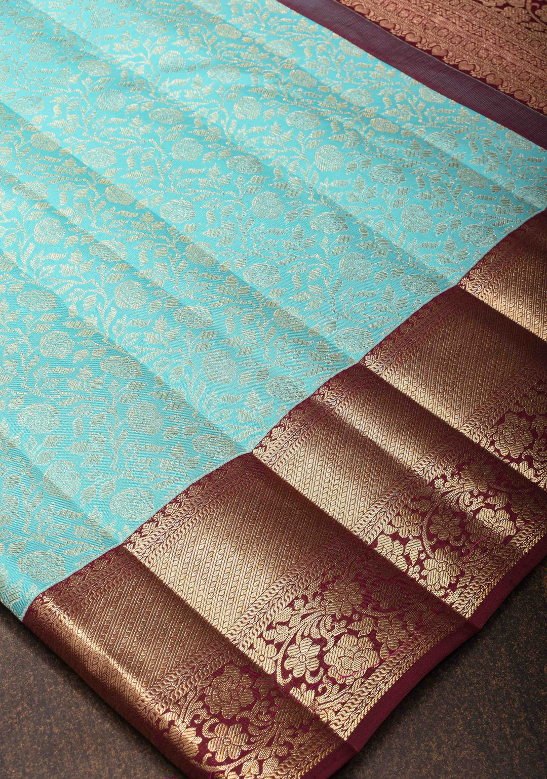 Aqua Blue Kanjivaram Silk Saree with Floral Brocade and Contrast Zari Boder | SILK MARK CERTIFIED