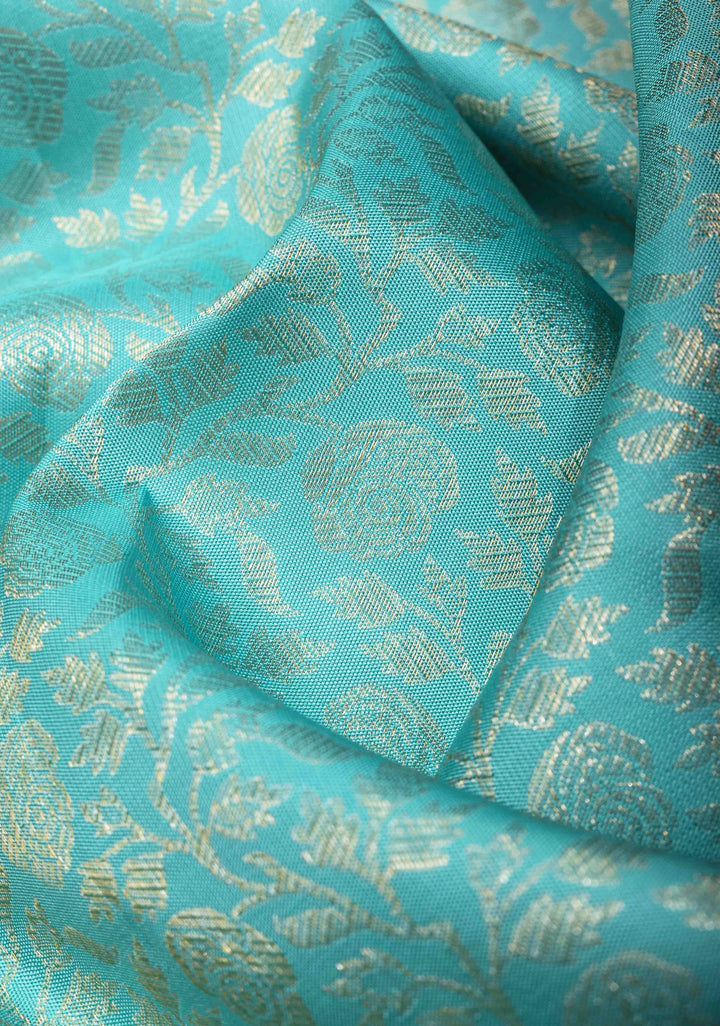 Aqua Blue Kanjivaram Silk Saree with Floral Brocade and Contrast Zari Boder | SILK MARK CERTIFIED
