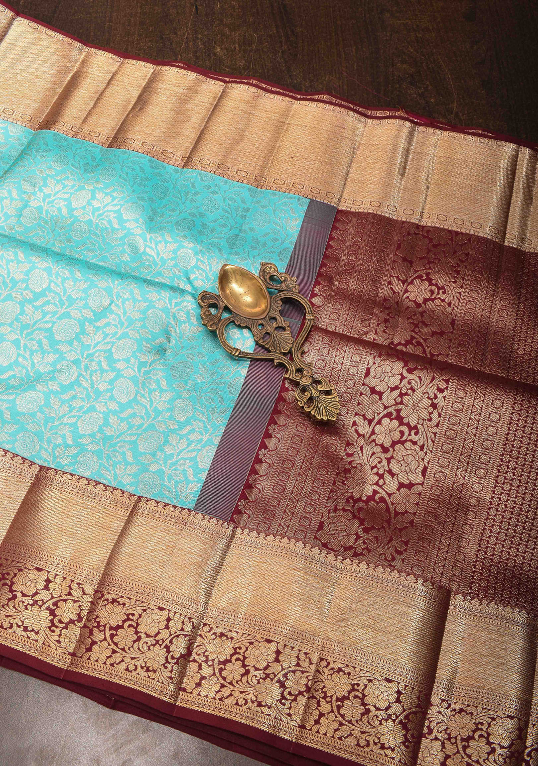 Aqua Blue Kanjivaram Silk Saree with Floral Brocade and Contrast Zari Boder | SILK MARK CERTIFIED