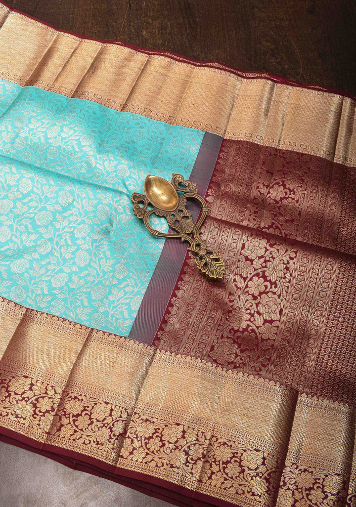 Aqua Blue Kanjivaram Silk Saree with Floral Brocade and Contrast Zari Boder | SILK MARK CERTIFIED