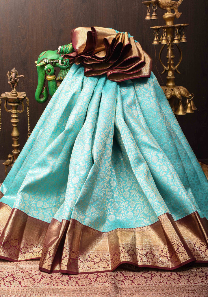 Aqua Blue Kanjivaram Silk Saree with Floral Brocade and Contrast Zari Boder | SILK MARK CERTIFIED