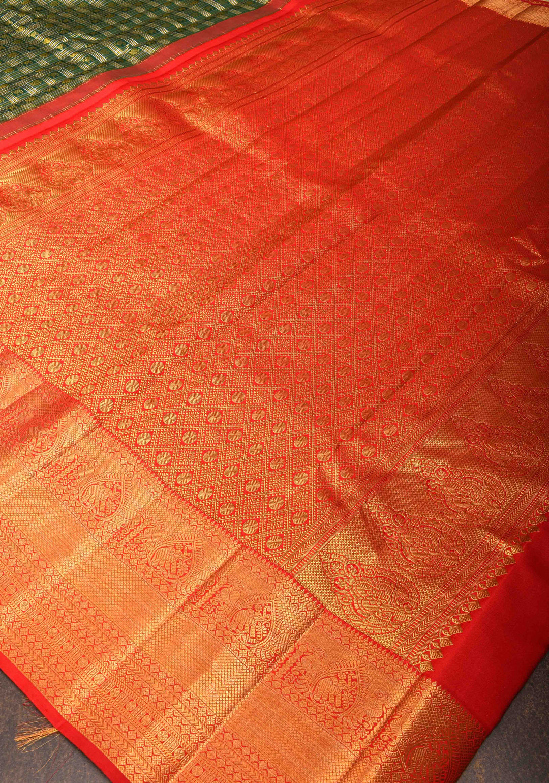 Green Checks Kanjivaram Silk Saree with Paisely Motifs Contrast Zari Border | SILK MARK CERTIFIED