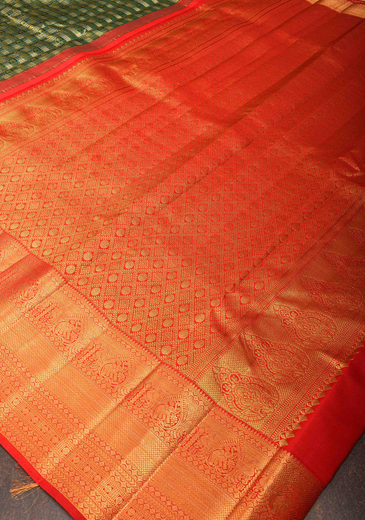 Green Checks Kanjivaram Silk Saree with Paisely Motifs Contrast Zari Border | SILK MARK CERTIFIED