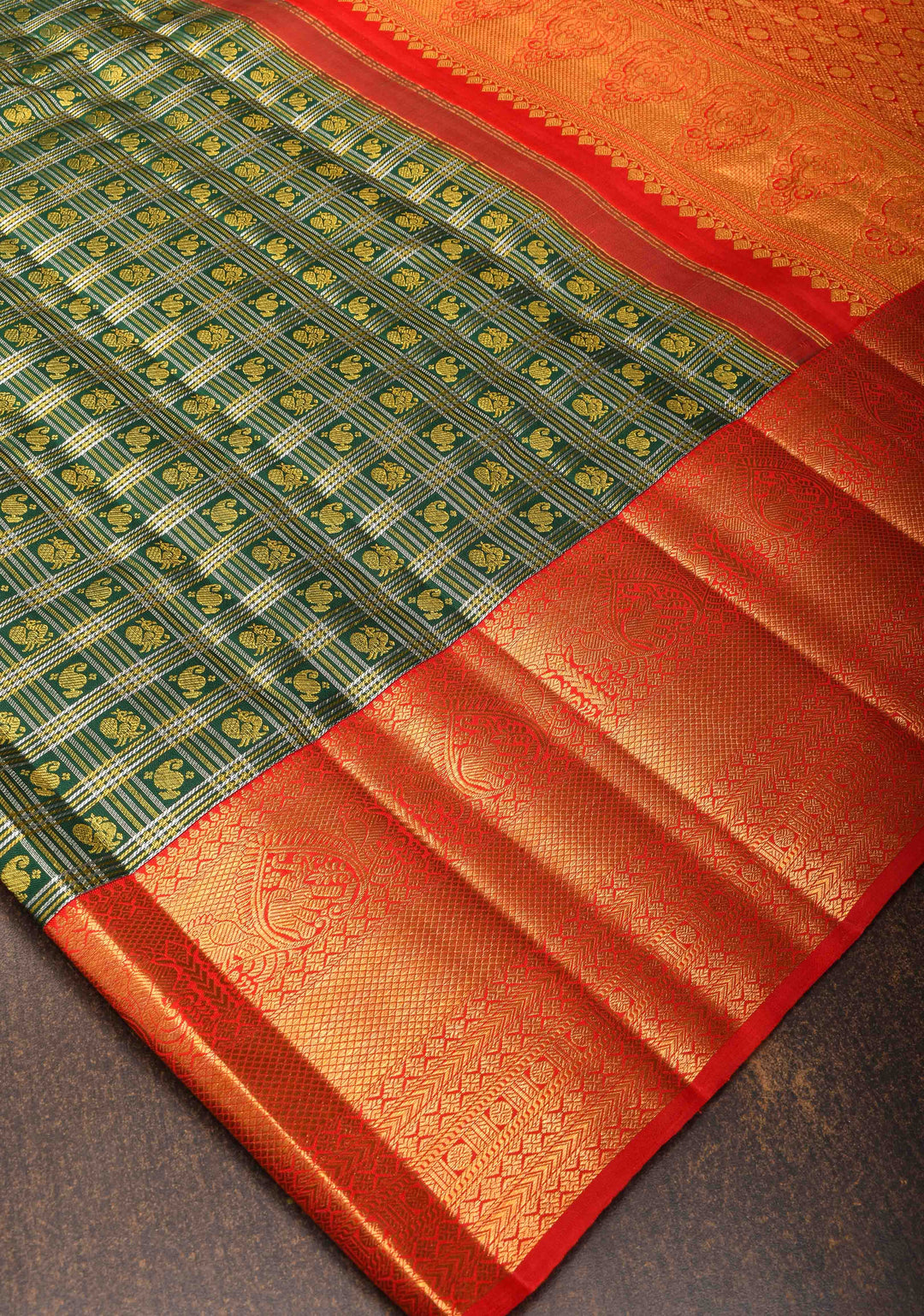 Green Checks Kanjivaram Silk Saree with Paisely Motifs Contrast Zari Border | SILK MARK CERTIFIED