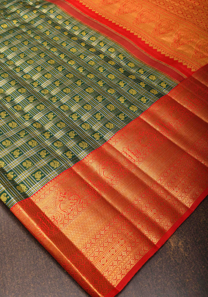 Green Checks Kanjivaram Silk Saree with Paisely Motifs Contrast Zari Border | SILK MARK CERTIFIED